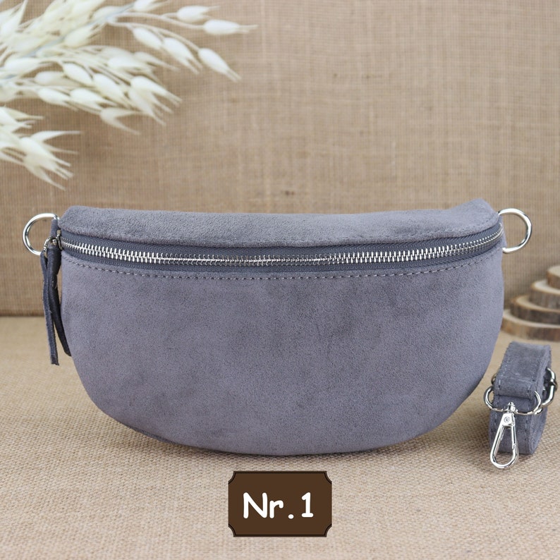 Sac banane en daim gris pour femmes, sac à bandoulière en cuir pour femmes, sac à bandoulière en daim de différentes tailles, sac à bandoulière Nr.1(Ohne 2.Gürtel)