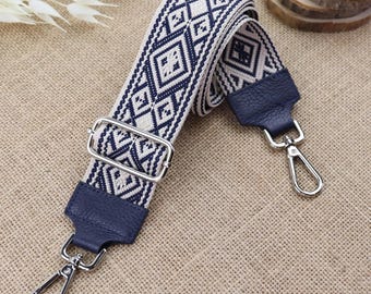 Navy Ledertaschengurte für Damen, gemusterte Lederriemen mit silberner Hardware, breite Schultergurte für Frauen, Geschenk zum Muttertag
