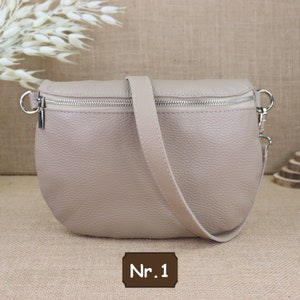 Beige leather fanny pack for women with 2 straps and silver zipper, leather shoulder bag, crossbody bag with patterned straps Nr.1 (Ohne 2.Gürtel)