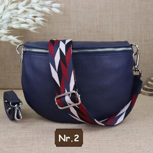 Navy Blue Leather Fanny Pack for Women with 2 Straps and Silver Zipper, Leather Shoulder Bag, Crossbody Bag with Patterned Straps Navy Blau Nr.2