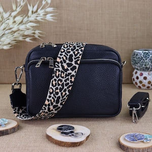 Schwarze Leder Bauchtasche mit 2 Riemen für Damen, Frauen Leder Schultertasche, Crossbody Bag, Leder Umhängetasche, Handtasche, Geschenk