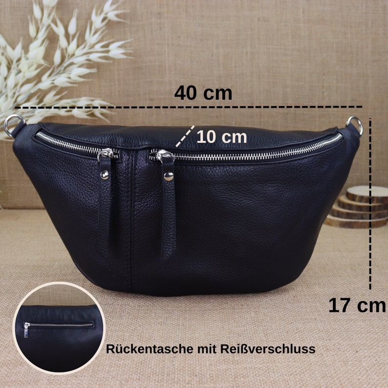 Silver zipper large leather fanny pack with 2 straps for women, women's leather shoulder bag, crossbody bag, shoulder bag image 2