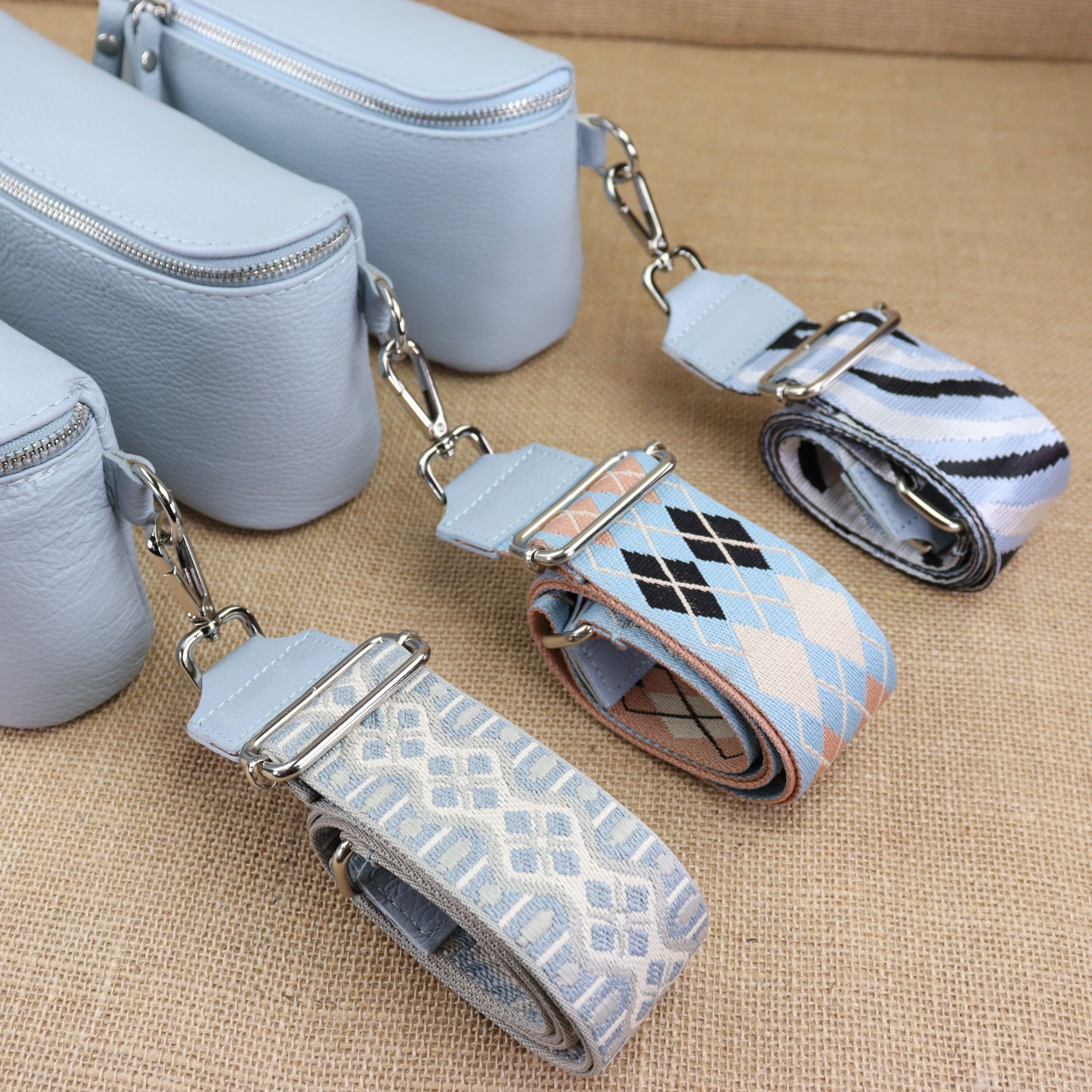 Light Blue Leather Bag Strap for Women With Patterned Wide