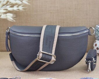 Leather women's fanny pack with patterned straps, dark gray leather shoulder bag, crossbody bag, belt bag with strap, women's shoulder bag