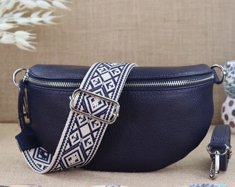 Navy Damen Leder Bauchtasche, Leder Umhängetasche für Frauen mit extra Gemusterten Trägern, Crossbody Bag, Schultertasche, Gürteltasche