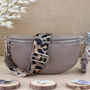 Frauen Leder Bauchtasche mit breitem Riemen, Taupe Leder Schultertasche, Crossbody Bag und Umhängetasche in verschiedenen Farben und Größen
