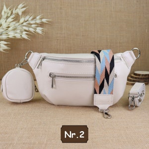 Creme Leder Bauchtasche mit extra Gurt und Geldbörse für Frauen, Leder Schultertasche, Crossbody Tasche Gürteltasche mit Gemusterten Riemen Creme Nr.2