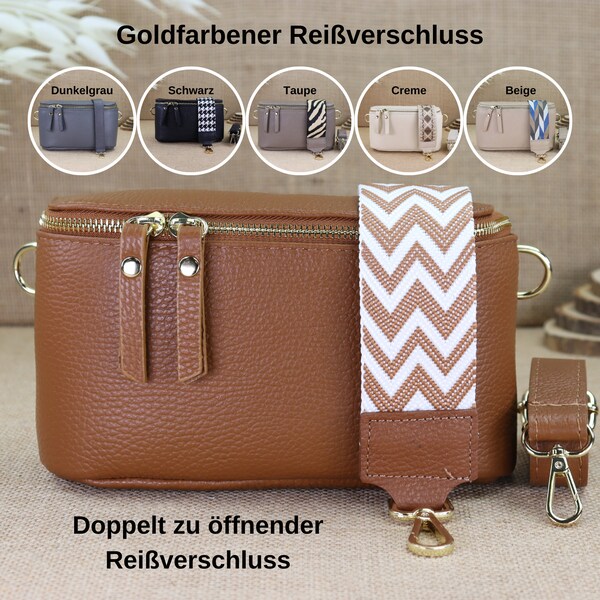 Leder Bauchtasche mit 2 Riemen für Frauen, Leder Schultertasche, Crossbody Tasche mit Gemusterte Gurt, Alltagstasche, Geschenk für sie