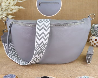 Grand sac Fanny en cuir gris avec 2 sangles fermeture éclair argentée pour femmes, sac à bandoulière en cuir, sac crossbody, sac Fanny avec sangles