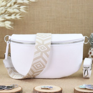 White leather shoulder bag for women with extra patterned straps, women's leather fanny pack, crossbody bag, shoulder bag, belt bag image 1