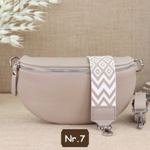 Beige Leder Bauchtasche für Frauen mit extra Gemusterten Trägern, Leder Umhängetasche, Crossbody Tasche Gürteltasche mit Gemusterten Riemen Beige Nr.7