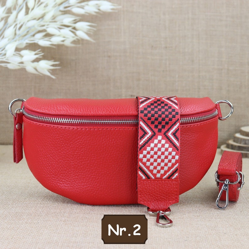 Bauchtasche Leder mit Silber Reißverschluss für Frauen, Rote Damen Leder Schultertasche, Crossbody Tasche mit breiten Trägern, Umhängetasche Rot Nr.2