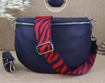 Pack Fanny en cuir bleu marine pour femmes avec 2 sangles et fermeture éclair argentée, sac à bandoulière en cuir, sac crossbody avec sangles à motifs