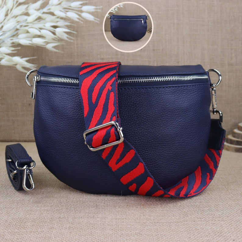 Navy Blue Leather Fanny Pack for Women with 2 Straps and Silver Zipper, Leather Shoulder Bag, Crossbody Bag with Patterned Straps image 1