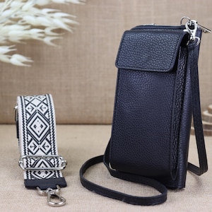 Funda de cuero negra para teléfono móvil para mujer: bolso cruzado con billetera, funda para iPhone 16, billetera de cuero elegante, regalo de San Valentín