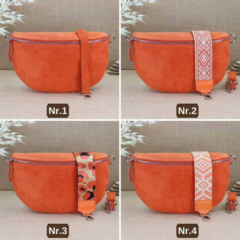 Large suede shoulder bag, suede fanny pack with patterned wide straps for women, leather shoulder bag, crossbody bag image 6