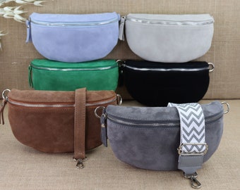 Suede fanny pack with patterned wide straps for women, leather shoulder bag, crossbody bag in various colors and sizes