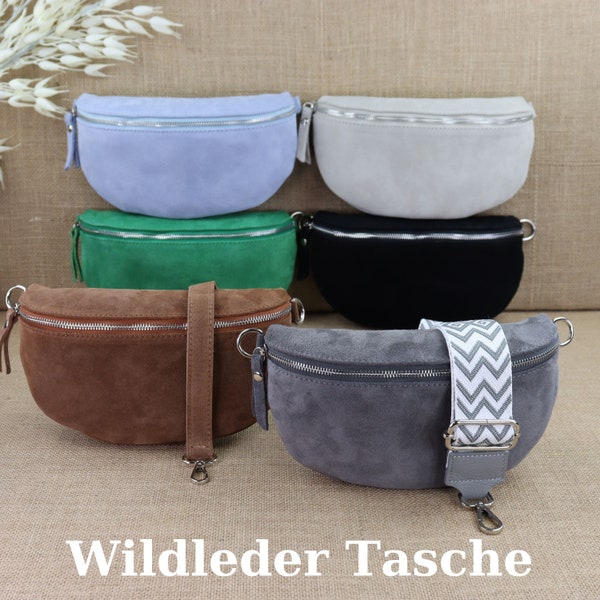 Wildleder Bauchtasche mit gemusterten breiten Trägern für Frauen, Leder Schultertasche, Crossbody Tasche in verschiedenen Farben und Größen