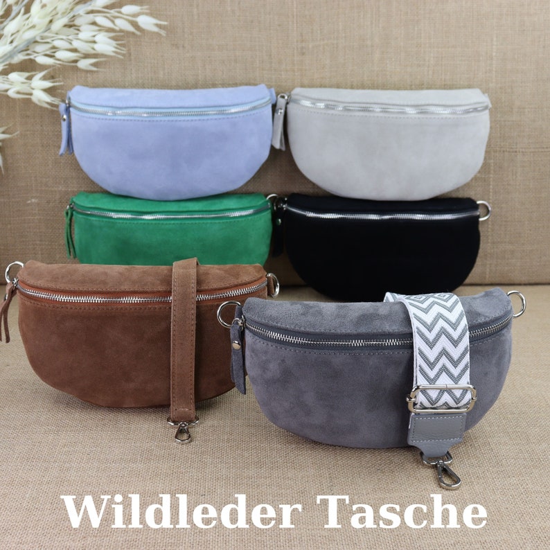 Wildleder Bauchtasche mit gemusterten breiten Trägern für Frauen, Leder Schultertasche, Crossbody Tasche in verschiedenen Farben und Größen Bild 1