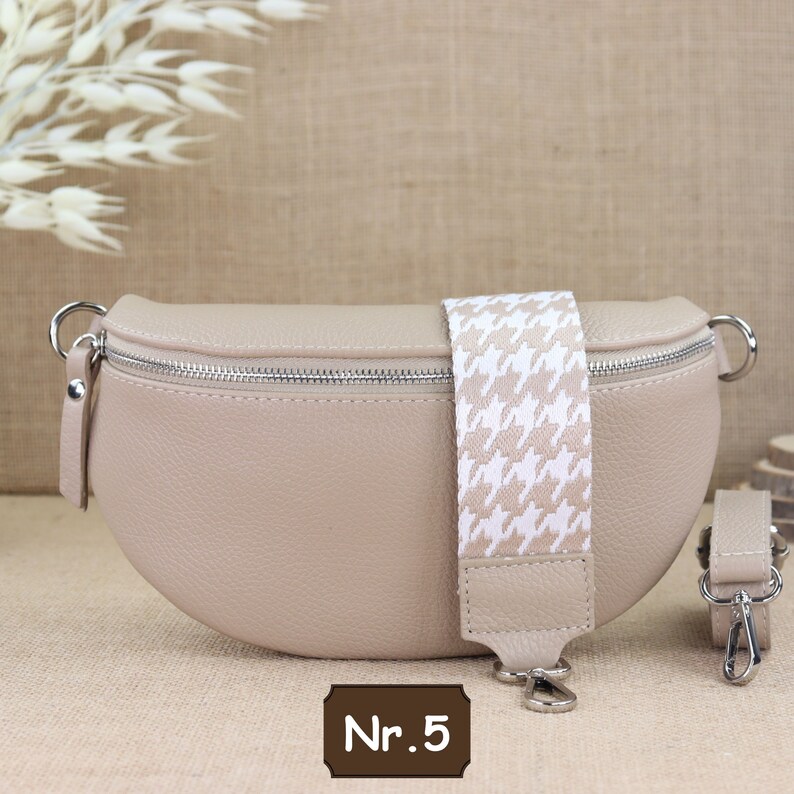 Beige Leder Bauchtasche für Frauen mit extra Gemusterten Trägern, Leder Umhängetasche, Crossbody Tasche Gürteltasche mit Gemusterten Riemen Beige Nr.5