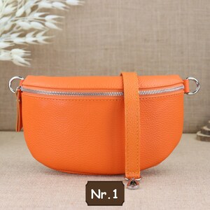 Orangefarbene Bauchtasche mit silbernem Reißverschluss für Frauen, Leder Schultertasche, Crossbody-Umhängetasche in verschiedenen Größen Nr.1 (Ohne 2.Gürtel)