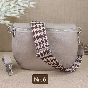 Beige leather fanny pack for women with 2 straps and silver zipper, leather shoulder bag, crossbody bag with patterned straps Beige Nr.6