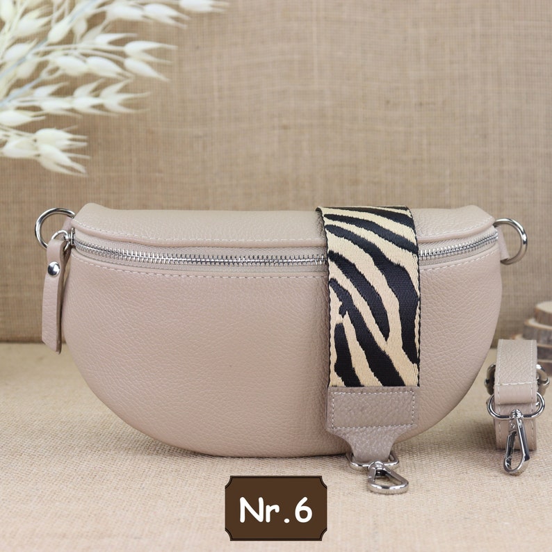 Beige leather fanny pack for women with extra patterned straps, leather shoulder bag, crossbody bag, belt bag with patterned straps Beige Nr.6