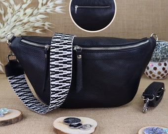 Große Schwarze Leder Bauchtasche mit 2 Riemen Silber Reißverschluss für Frauen, Leder Schultertasche, Crossbody Tasche Gürteltasche mit Gurt