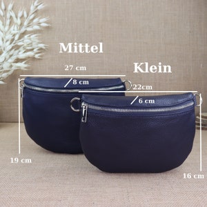 Navy Blue Leather Fanny Pack for Women with 2 Straps and Silver Zipper, Leather Shoulder Bag, Crossbody Bag with Patterned Straps image 3