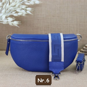 Leder Umhängetasche für Damen, Leder Bauchtasche für Frauen mit extra Gemusterten Trägern, Blaue Crossbody Tasche, Schultertasche mit Riemen Blau Nr.6