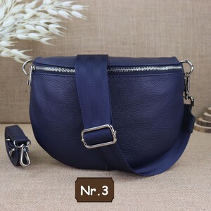 Navy Blue Leather Fanny Pack for Women with 2 Straps and Silver Zipper, Leather Shoulder Bag, Crossbody Bag with Patterned Straps Navy Blau Nr.3
