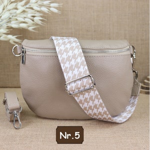 Beige leather fanny pack for women with 2 straps and silver zipper, leather shoulder bag, crossbody bag with patterned straps Beige Nr.5