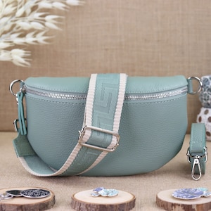 Women&#39;s Mint Leather Bum Bag with Wide Strap, Leather Shoulder Bag, Crossbody Bag, Shoulder Bag in Various Colors and Sizes