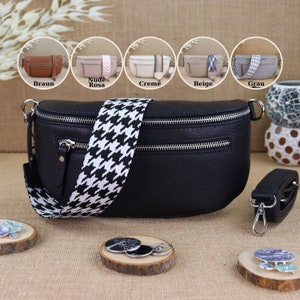 Leder Bauchtasche für Frauen mit zusätzlichen gemusterten Trägern, Leder Schultertasche, Crossbody Bag in verschiedenen Farben Umhängetasche
