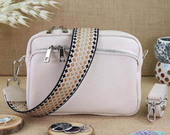 Cream leather shoulder bag with extra straps, bum bag with patterned belt, crossbody bag with different sizes, everyday bag