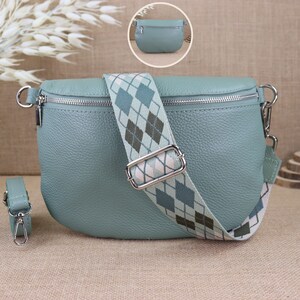 Mint leather fanny pack for women with 2 straps and silver zipper, women's leather shoulder bag, crossbody bag with patterned straps image 1