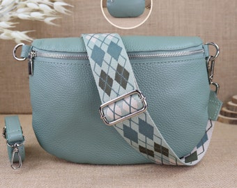 Mint leather fanny pack for women with 2 straps and silver zipper, women's leather shoulder bag, crossbody bag with patterned straps