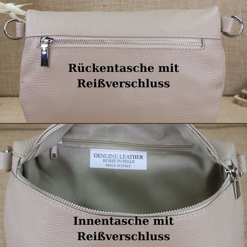 Beige leather fanny pack for women with 2 straps and silver zipper, leather shoulder bag, crossbody bag with patterned straps image 2