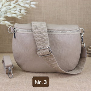 Beige leather fanny pack for women with 2 straps and silver zipper, leather shoulder bag, crossbody bag with patterned straps Beige Nr.3