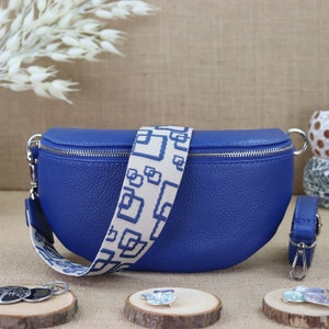Blue leather shoulder bag for women with extra patterned straps, ladies leather bum bag, crossbody bag, shoulder bag, belt bag