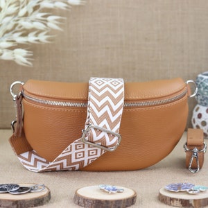 Cognac leather shoulder bag for women with extra patterned straps, ladies leather bum bag, crossbody bag, shoulder bag, belt bag