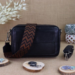 Black leather shoulder bag for women with extra patterned straps, ladies leather bum bag, crossbody bag, shoulder bag, belt bag