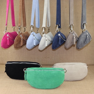 Wildleder Schultertasche mit gemusterten breiten Trägern für Damen, Leder Bauchtasche, Crossbody Bag in verschiedenen Farben und Größen