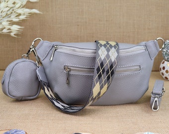 Gray Leather Fanny Pack with 2 Straps for Women, Leather Shoulder Bag, Crossbody Bag Belt Bag with Patterned Straps, Gift for Her