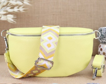 Lemon yellow leather fanny pack with extra patterned strap for women, leather shoulder bag, cross bag with wide straps, shoulder bag