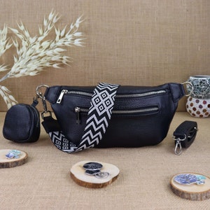 Black leather shoulder bag for women with extra patterned straps, ladies leather bum bag, crossbody bag, shoulder bag, handbag