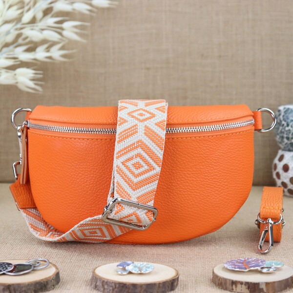 Orange Bum Bag with Silver Zipper for Women, Leather Shoulder Bag, Crossbody Shoulder Bag in Various Sizes
