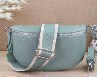 Leather women's bum bag with patterned straps, leather shoulder bag, mint color cross bag with wide strap, everyday bag, gift for her