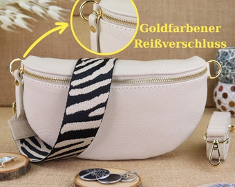 Sac banane en cuir crème avec 2 sangles fermeture éclair dorée pour femmes, sac à bandoulière pour femmes, sac bandoulière avec large sangle à motifs