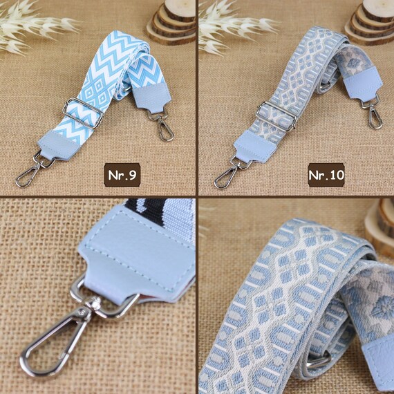 Light Blue Leather Bag Strap for Women With Patterned Wide